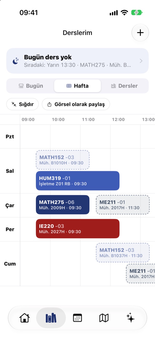 Derslerim ekranında haftalık ders programı