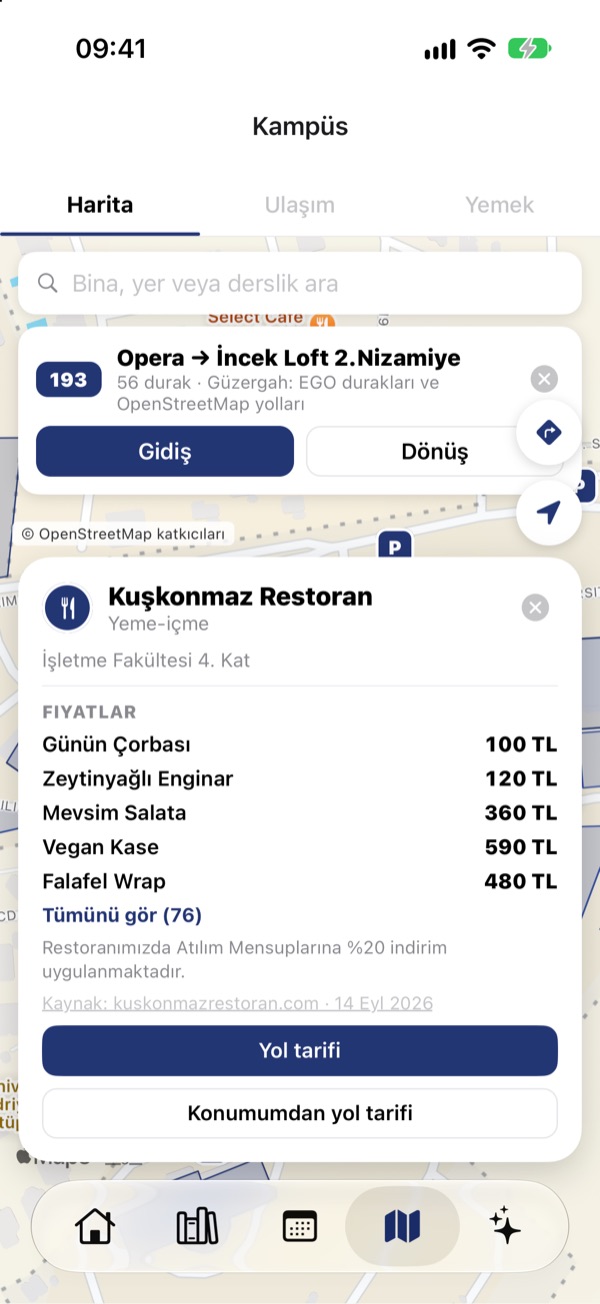 Kampüs haritasında bir yemek yerinin fiyat listesi